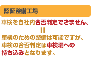 認証整備工場、車検を自社内合否判定できません。車検のための整備は可能ですが、車検の合否判定は車検場への持ち込みとなります